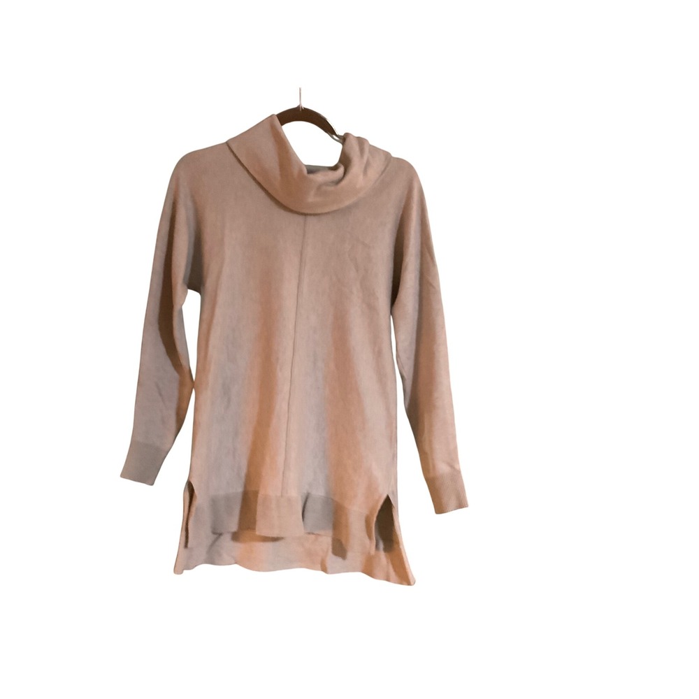 Joan Vass New York Womens Beige Cowl Neck Tunic Sweater Long Sleeve Side Slit M